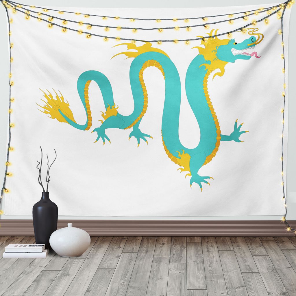 ABAKUHAUS Drachen Wandteppich, chinesische Mythologie, Wohnzimmer Schlafzimmer Wandtuch Seidiges Satin Wandteppich, 150 x 100 cm, Seafoam Gelb