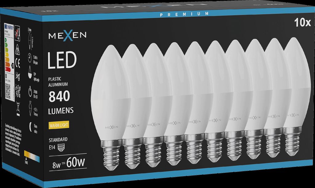 Mexen Nova 10x LED-Glühbirne E14, C37, 8W, Warm - 3000K, 840 lm - L102-E14-0830-01x10