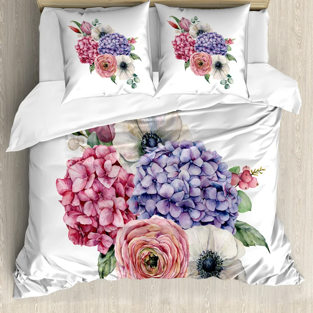 Ensemble housse de couette 155x220 cm motif Hydrangea avec taie d'oreiller