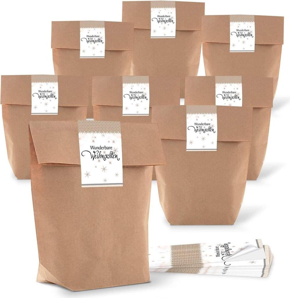 50 kleine Papiertüten braun natur 16,5 x 26 x 6,6 cm + 50 Aufkleber weihnachtlich WUNDERBARE WEIHNACHTEN STERNE beige weiß Geschenk-Verpackung SE...