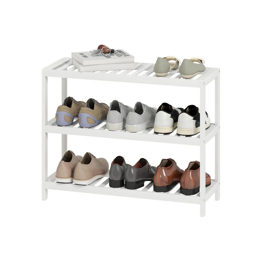 3 Ebenen Schuhregal Lackierte Oberfläche Bambusregal Flurregal Aufbewahrungsregal Weiß