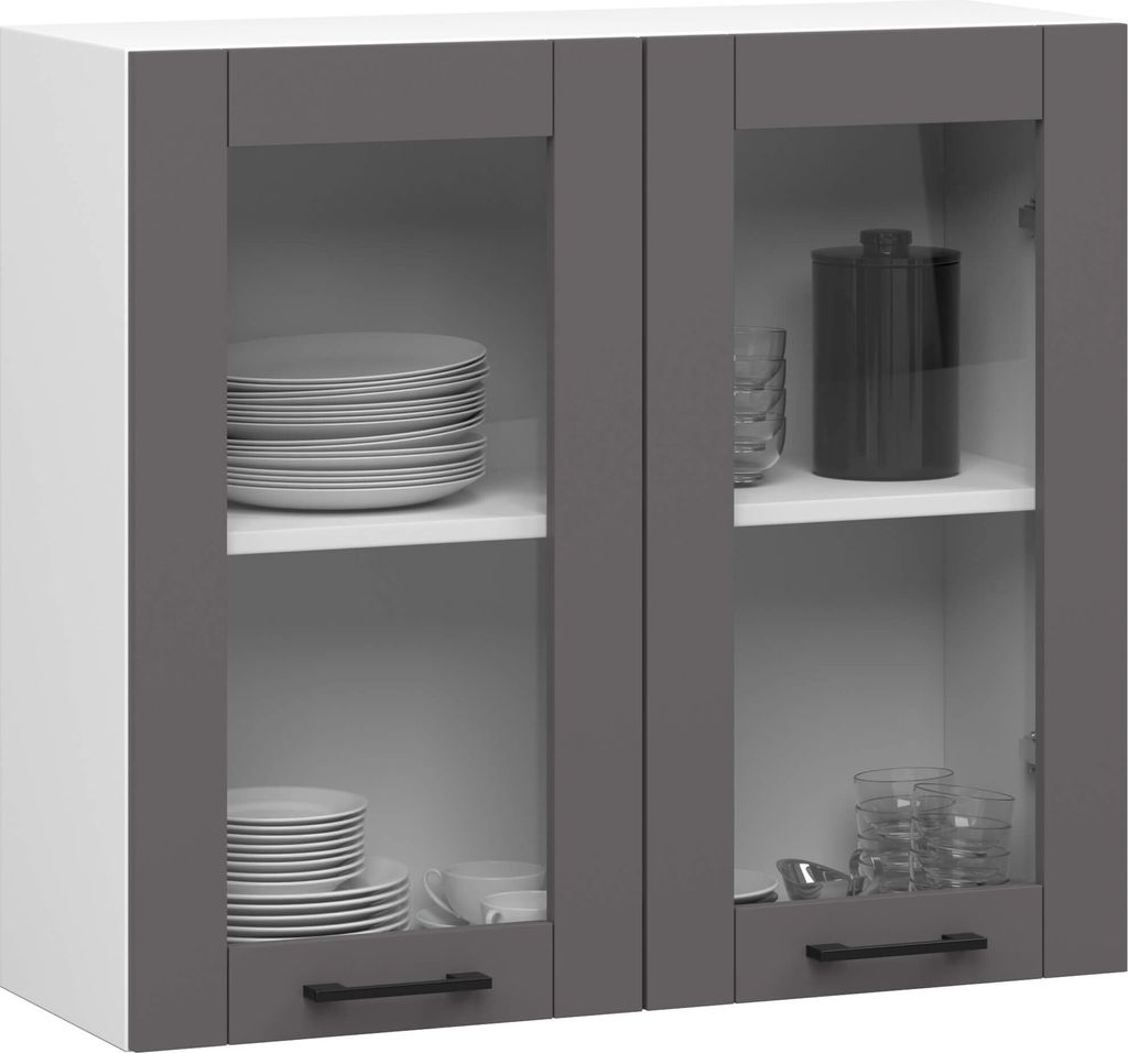 Küchenvitrine Weiß 80 cm Front Graphitgrau 2 Regalböden B80xH72xT30,5 cm