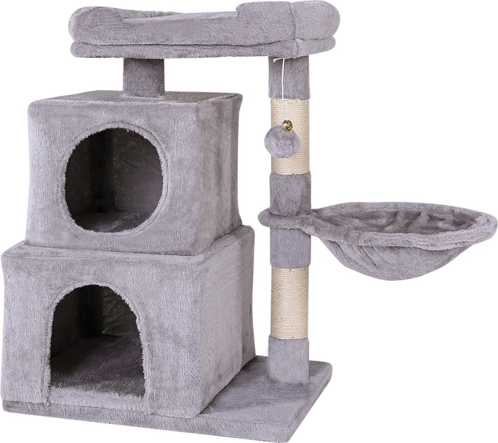 lionto Katzen Kratzbaum, 70 cm mit 2 Höhlen, Liegemulde, Liegebett & Spielball, robust & gemütlich, hellgrau