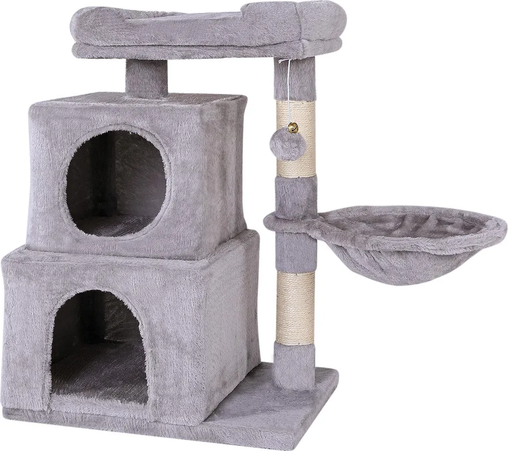 Arbre à chat robuste gris 70 cm : 2 niches spacieuses et balle de jeu ludique