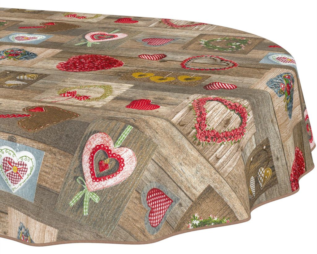 Tischdecke 140x160cm Oval Braun abwaschbar Baumwolloptik Trachtenherzen Braun wetterfest mit Saumkante