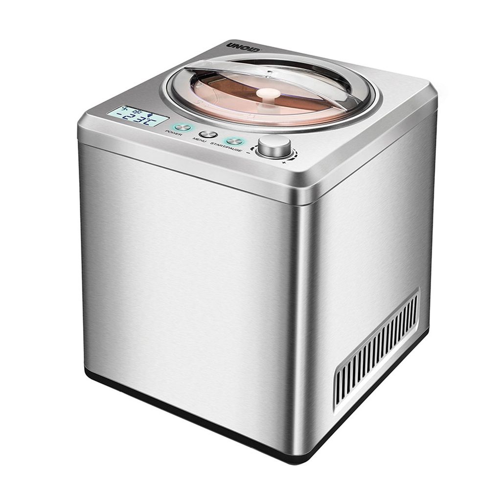 A stainless steel ice cream maker on a white background.