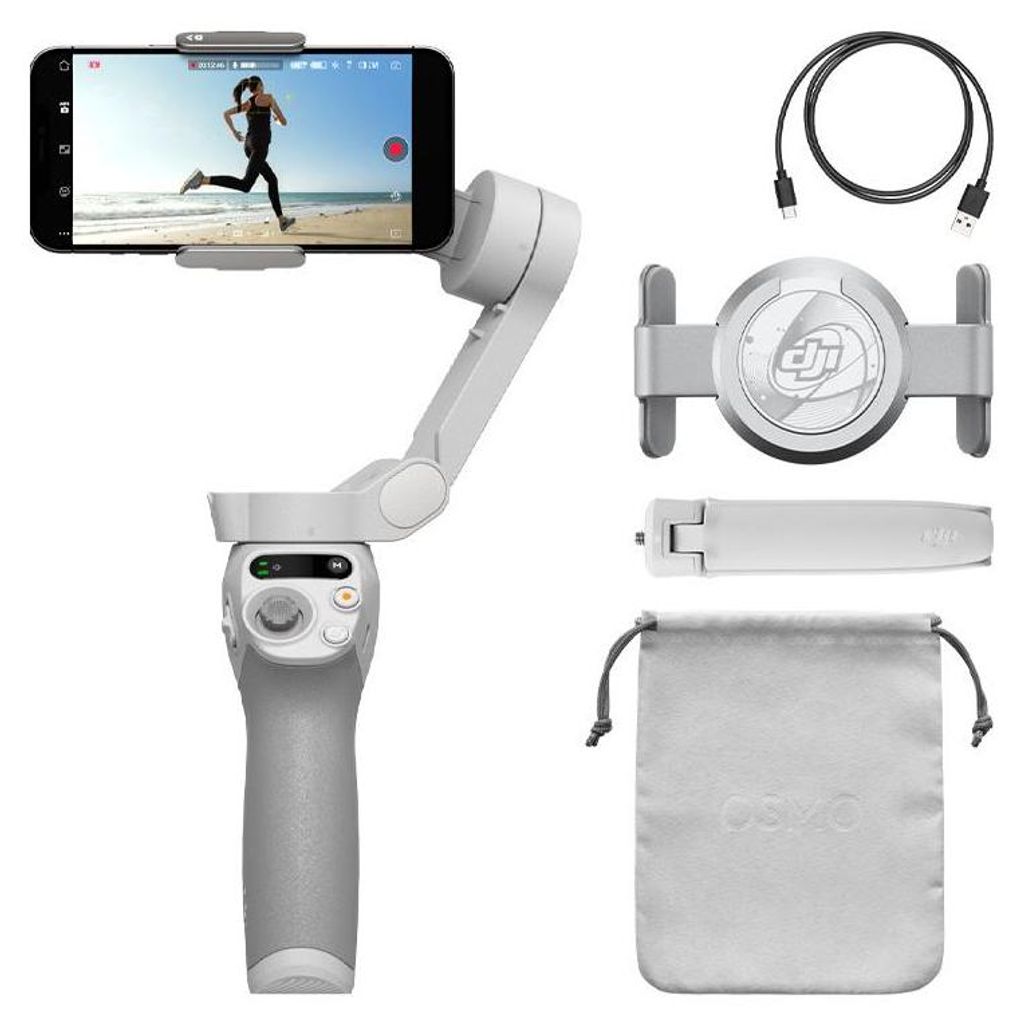 A DJI Osmo Mobile SE smartphone gimbal stabilizer with accessories.