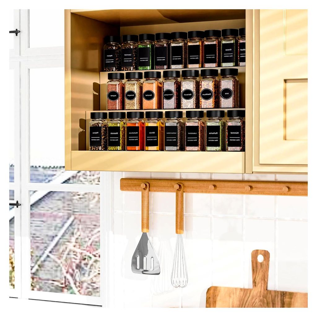 Set von 24 eckigen Gewürzgläsern (120ml) – Vollständiger Gewürzorganizer mit Deckel, Streueinsatz, Trichter, Sieb & 340 Etiketten
