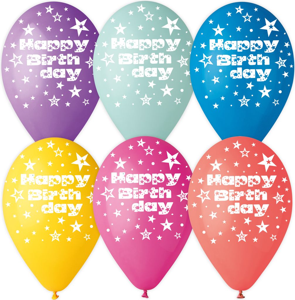 6 Luftballons bunt sortiert bedruckt mit Happy Birthday, 28-30 cm/11 inch