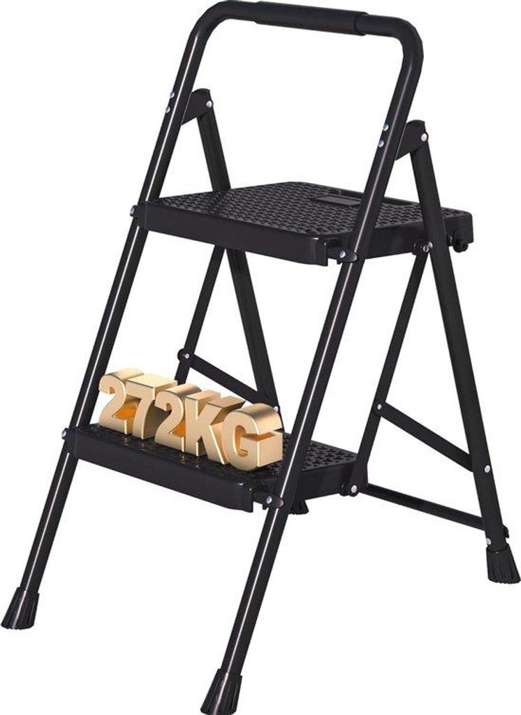 Foldbare 2-Treppenleiter für den Hausgebrauch - Schwarze Stahlleiter mit Anti-Rutsch Pedalen und Schaumgriff