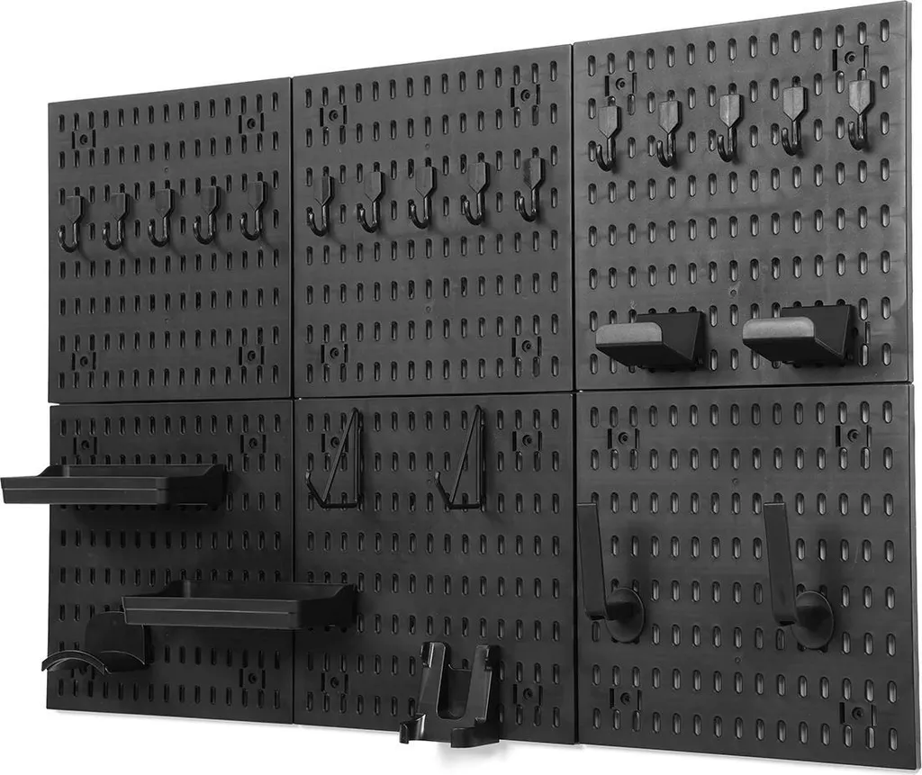 Pegboard Panneau Perforé Noir avec Étagères et Crochets de Rangement