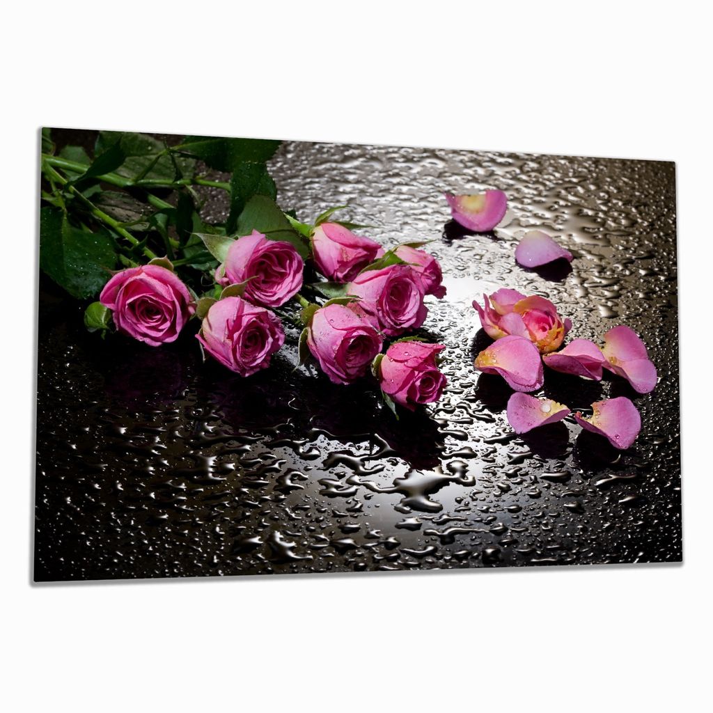 Wallario Herdabdeckplatte aus Glas, Größe 80 x 52 cm 1-teilig, Motiv Pinke Rosen mit Wassertropfen