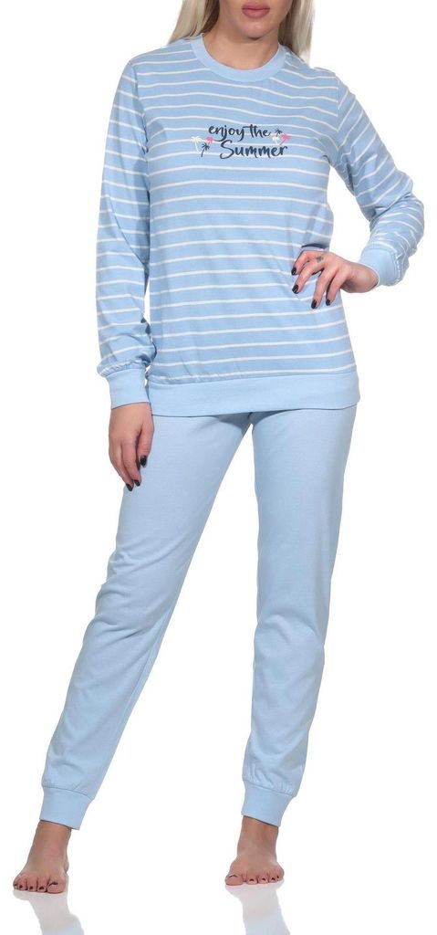 Damen langarm Pyjama, gestreifter Schlafanzug mit Bündchen "Enjoy The Summer" ; hellblau , 48