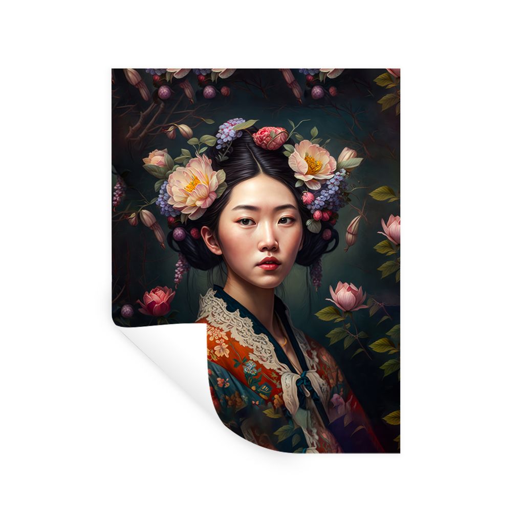 MuchoWow Wandtattoo Wandsticker Wandaufkleber Frau - Blumen - Kimono - Porträt - Asiatisch 120x160 cm Selbstklebend und Repositionierbar - Wierd...
