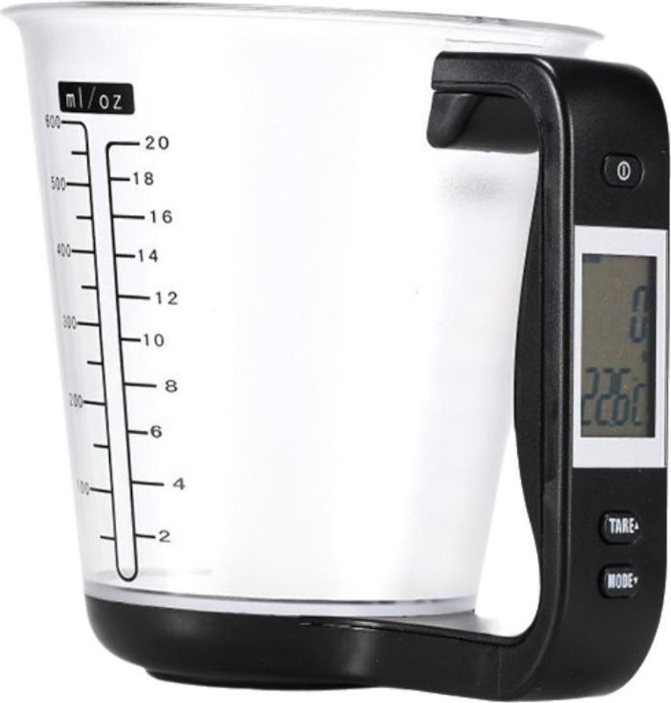 Digitale Küchenwaage und Messbecher mit schwarzem LCD-Display