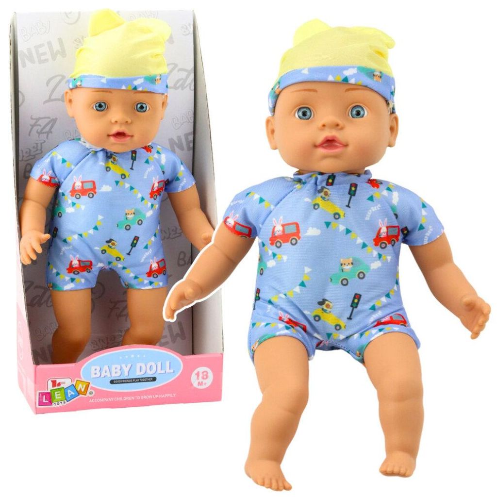 Lean Baby Doll Blau Gemustertes Kleidungsstück Mütze Mit Ohren 31Cm