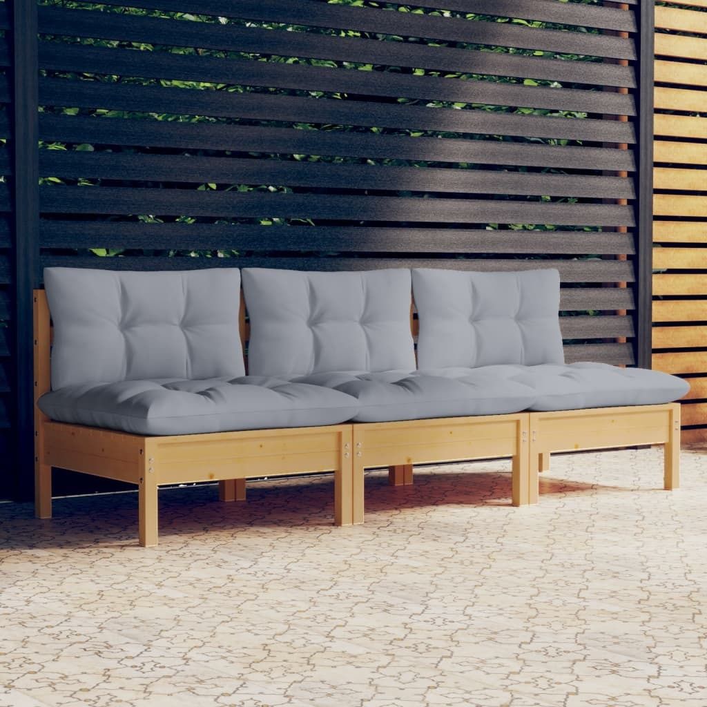 The Living Store 3-Sitzer-Gartensofa mit Grauen Kissen Massivholz Kiefer