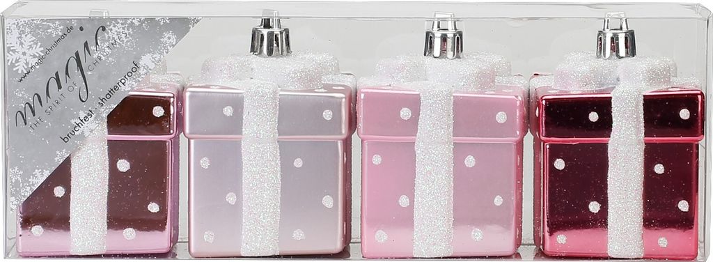 Christbaumschmuck Geschenkbox 6cm Kunststoff 4er Set - Rosa Mix