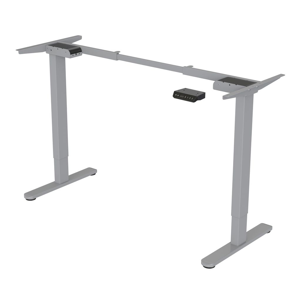 A silver electric standing desk frame with two legs and a control panel.