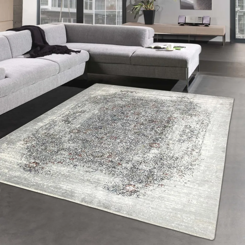 Grand tapis de salon design oriental abstrait gris et orange 200x280