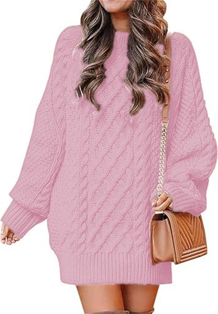 ASKSA Damen Pulloverkleid Rundhalsausschnitt Langarm Zopfmuster Rollkragen Chunky Pullover Kurze Pulloverkleider, Rosa, S