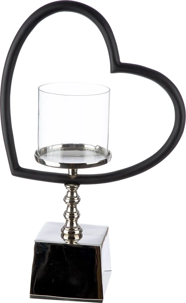 Gilde Photophore Cœur Te Quiero en Verre Noir et Argent - 40 cm de Haut