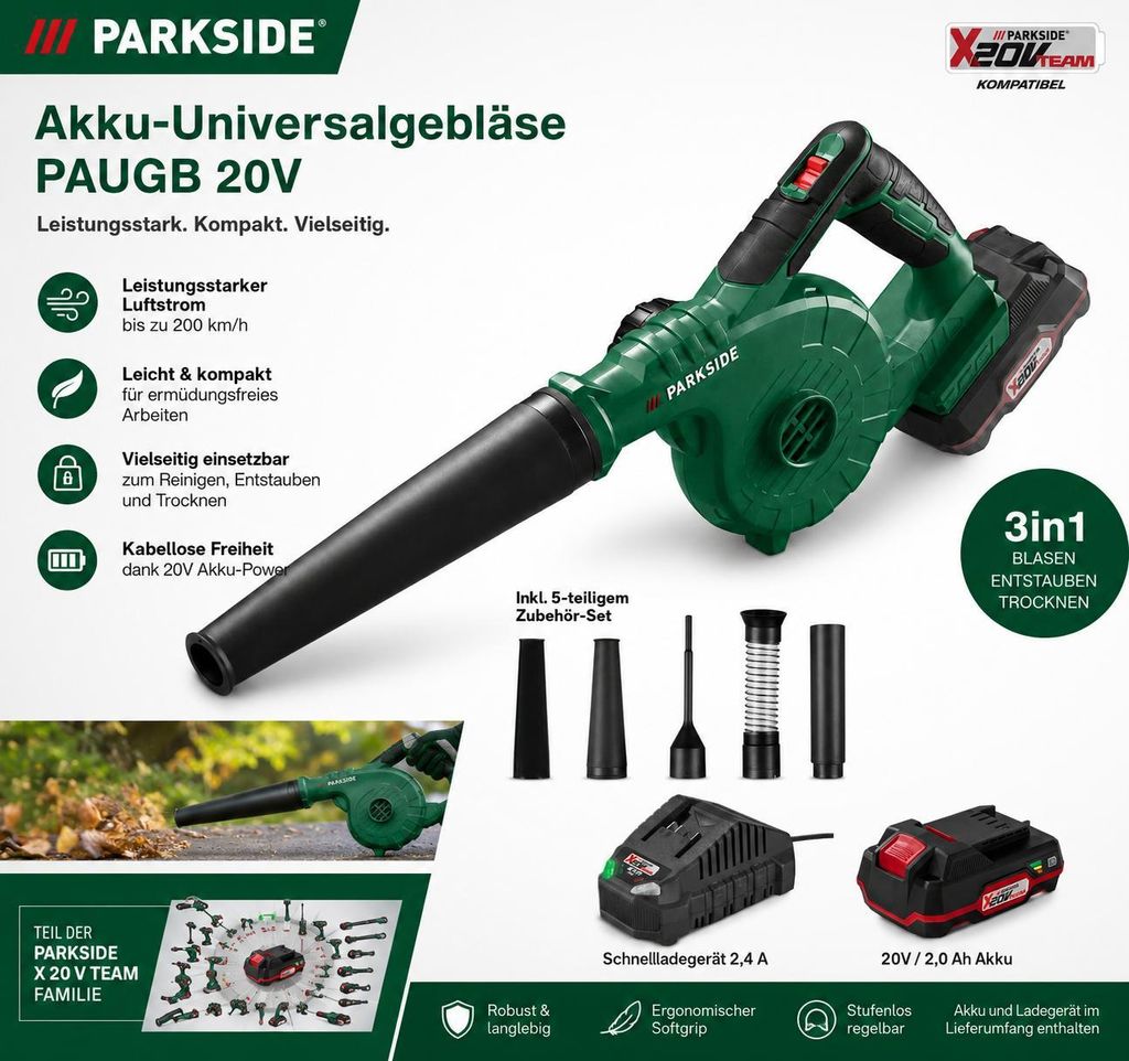 PARKSIDE 20 V Akku-Universalgebläser PAUGB, Laubbläser mit Produktbild 