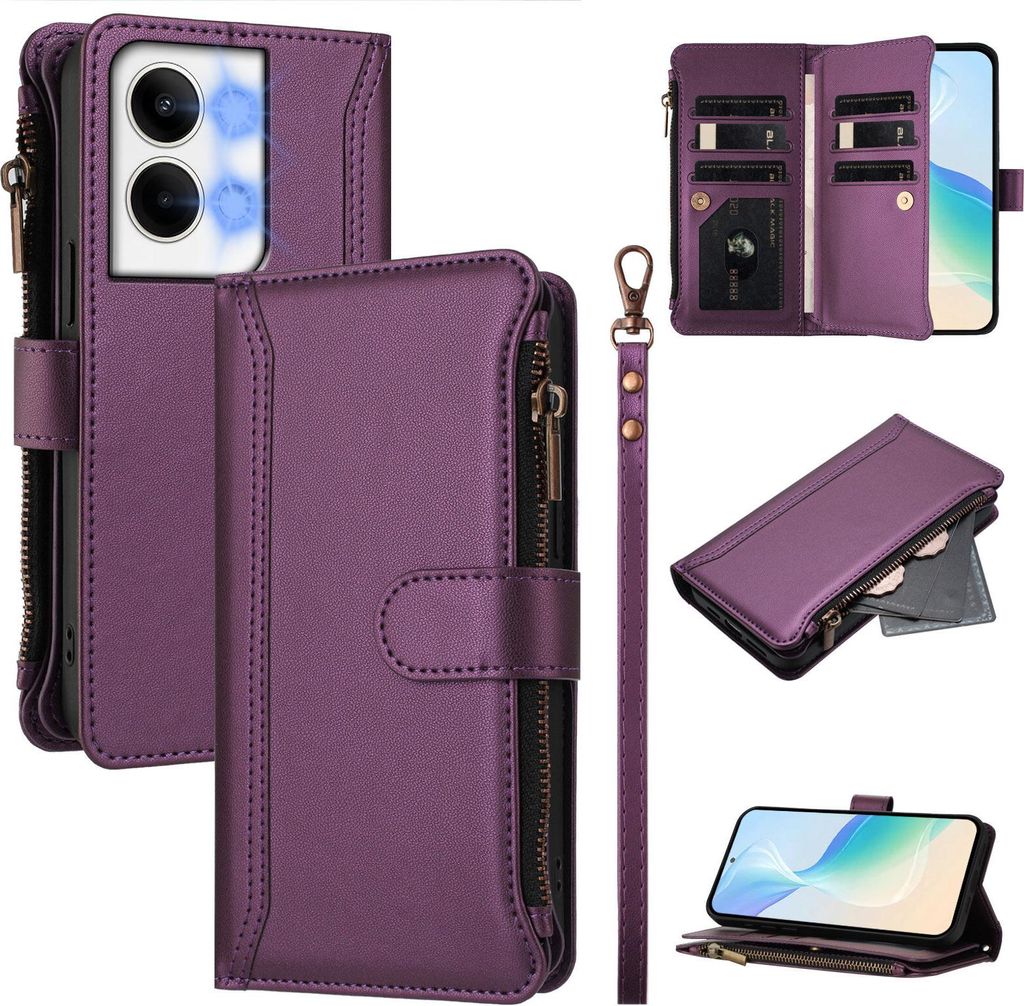 Handyhülle für Oppo Reno9/Reno9 Pro Reißverschluss Geldbörse Kunstleder Klapphülle mit Kartensteckplatz, Ständer, Handschlaufe Lila