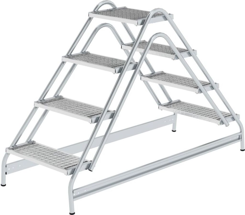 Arbeitspodest beidseitig begehbar | 2x4 Stufen | Stahl-Gitterrost | Rutschfeste Kunststoffschuhe