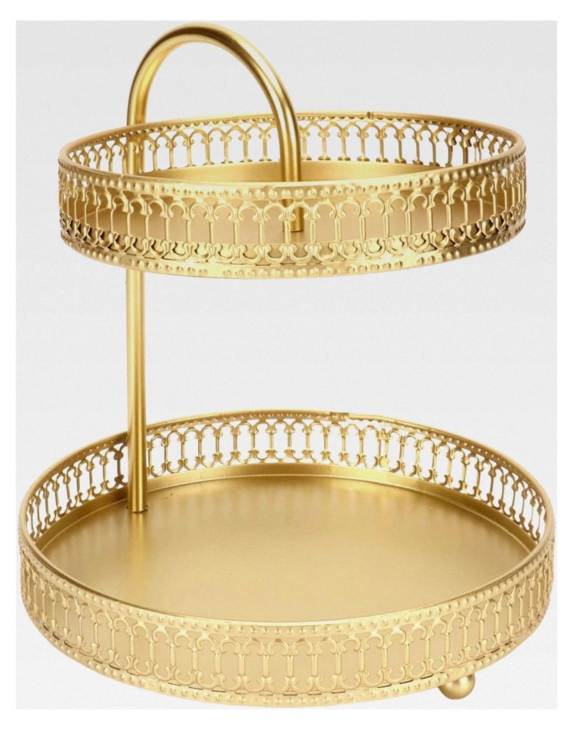 Goldenes Kuchenteller-Set, 2-stöckiger runder Metallfruchtständer mit großem Fassungsvermögen, dekorativer vielseitiger Cupcake-Ständer für Z...