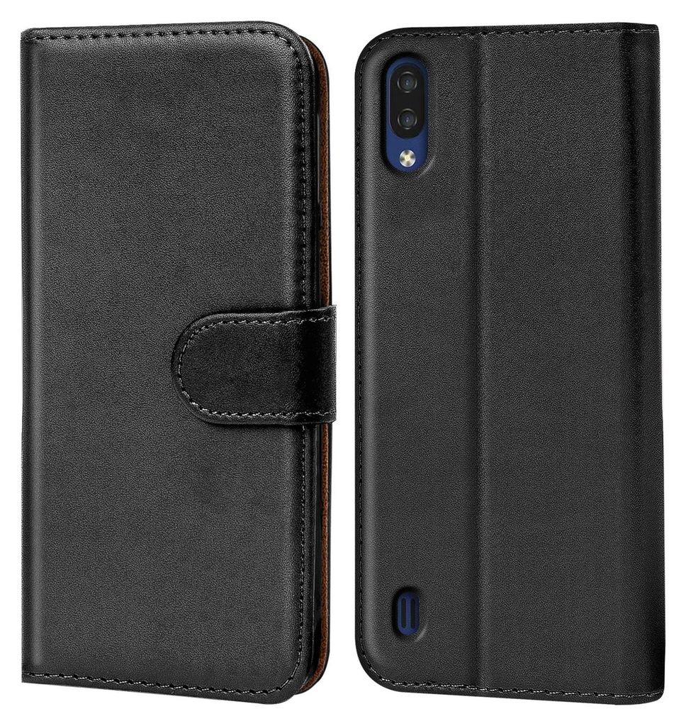 A black flip case for a smartphone is shown from the front and back.
