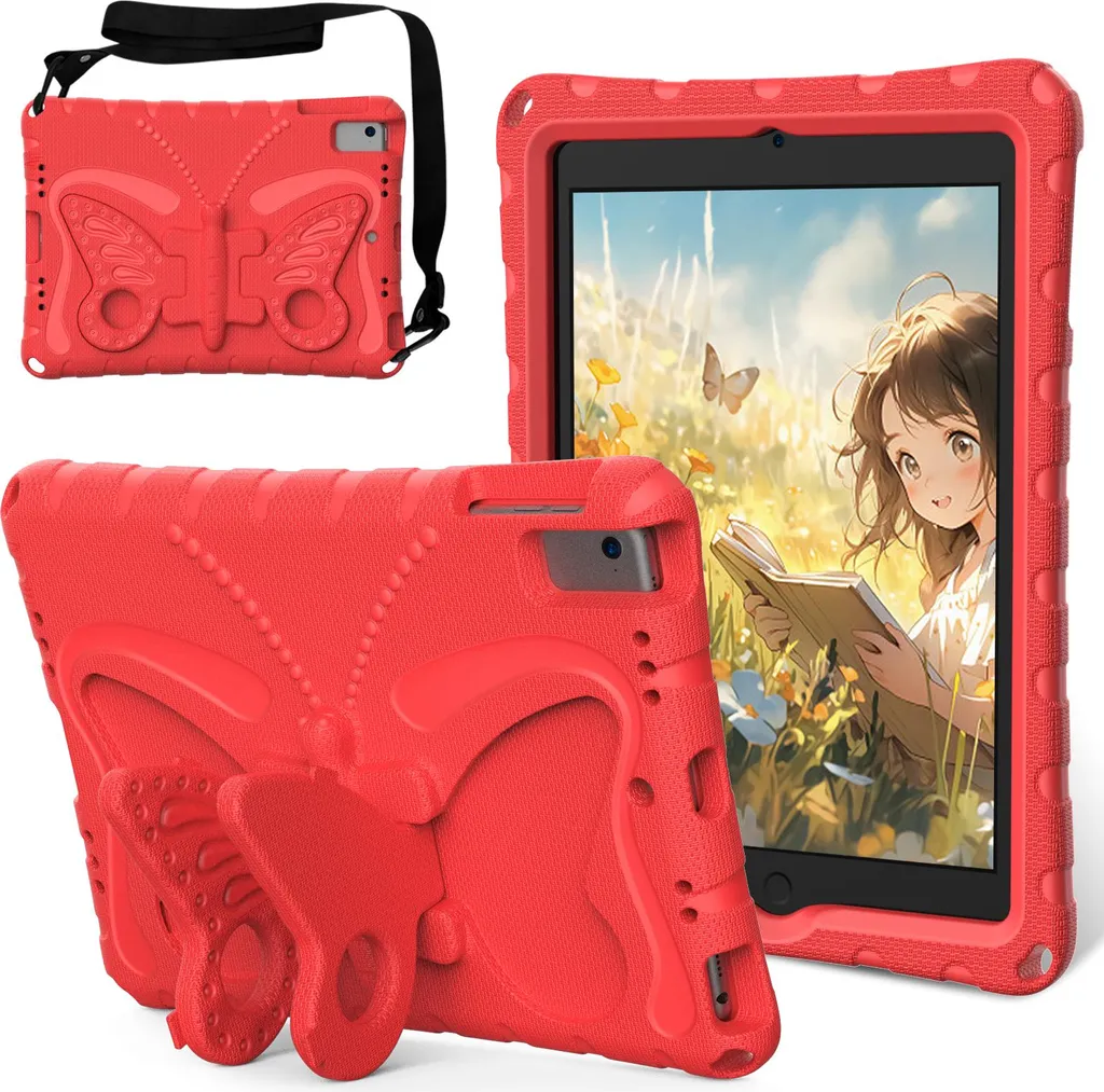 Custodia per bambini per iPad 9.7 2018/2017, iPad Pro 9.7 2016, iPad Air 2 2014/iPad Air 2013 9.7", leggera custodia antiurto in EVA con tracolla e supporto per papillon Rosso