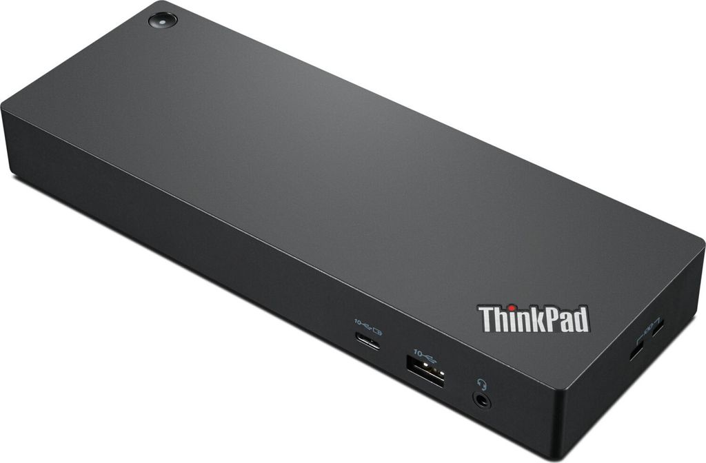 A black Lenovo ThinkPad docking station is shown from a diagonal angle against a white background.
