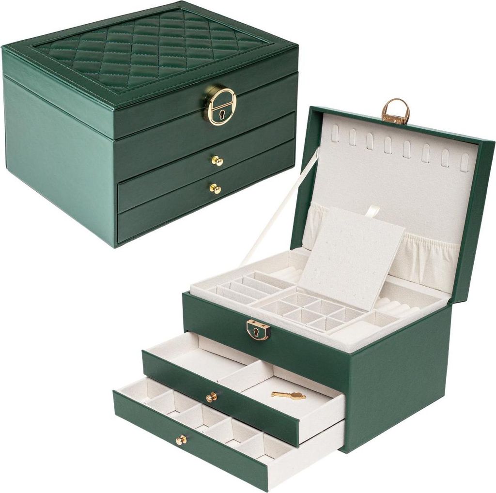 Schmuckkästchen für Damen mit 2 Schubladen, Schmuck Organizer, Schmuckaufbewahrung für Ketten, Ringe Grün