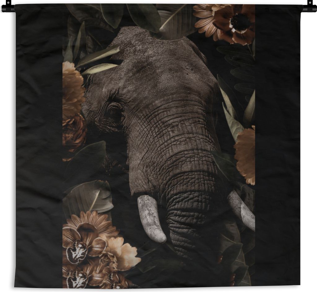 MuchoWow Wandteppich Wandbehang Elefant - Tiere - Blumen - Blätter 150x150 cm Tapisserie Dekoration Wandtuch - Wohnaccessoires - Modernes