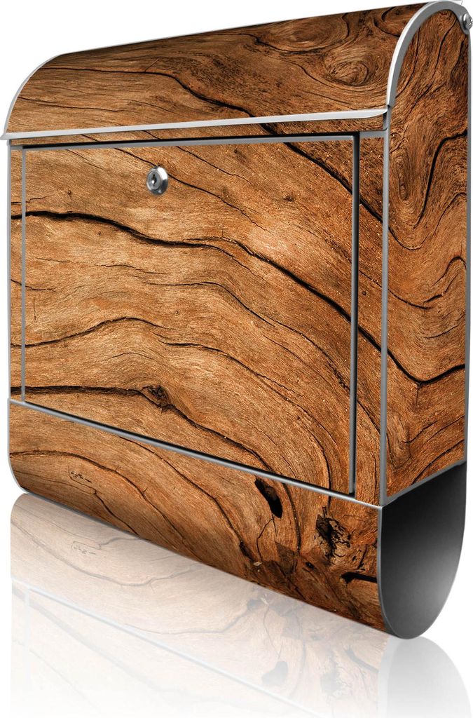 banjado Design Briefkasten Stahl silber mit Zeitungsfach pulverbeschichtet "Trockenes Holz" 38x46x12,5cm & 2 Schlüssel - Postkasten A4 Einwurf ink...