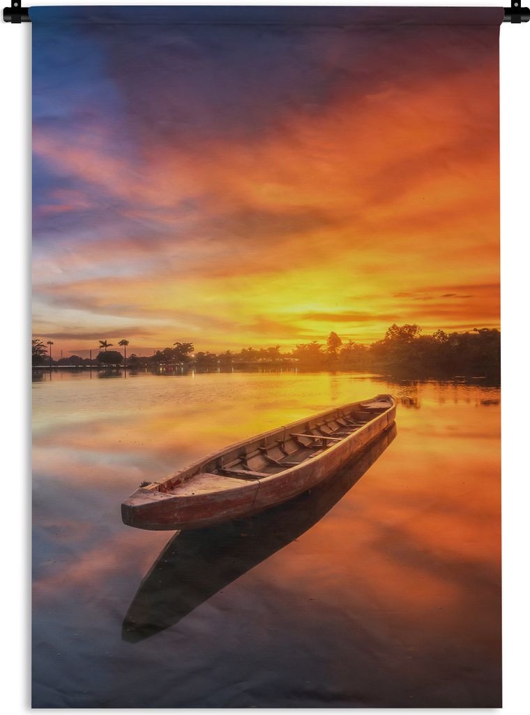 MuchoWow Wandteppich Wandbehang Boot - Wasser - Sonnenuntergang - Orange - Wasser 90x135 cm Tapisserie Dekoration Wandtuch - Baumwolle - Wandskul...