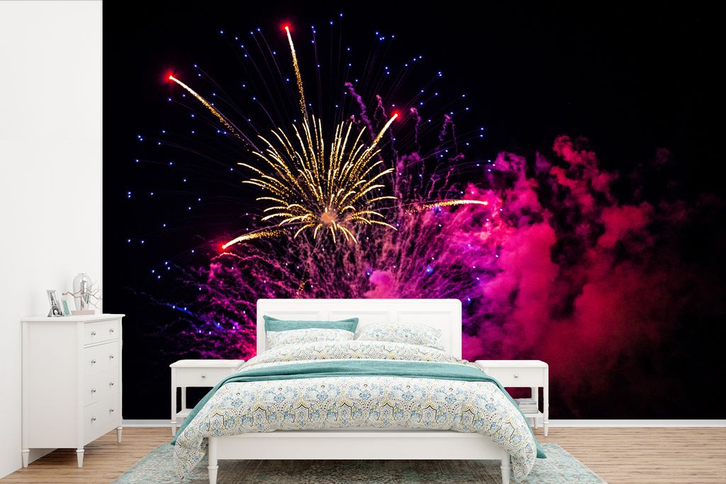 MuchoWow Fototapete für Wohnzimmer oder Schlafzimmer Wandtapete Vinyl Motivtapete Feuerwerkskörper schießen in die Luft - 360x240 cm - Vinyl-T...