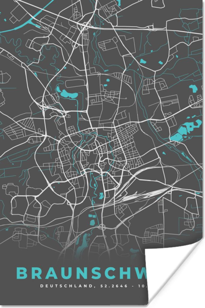 MuchoWow Poster Stadtplan - Deutschland - Blau - Braunschweig - Karte 120x180 cm - Kunstposter