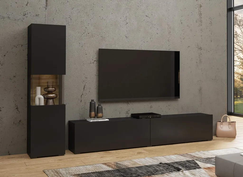 Ensemble meuble TV BONA noir et bois wotan avec rangements muraux