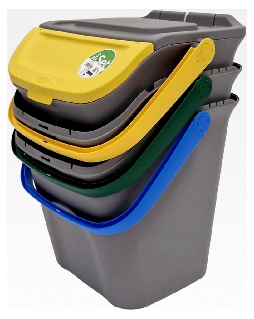 Mülltrennsystem | 3 stapelbare Abfalleimer 28 L mit Deckel für optimale Mülltrennung (Grün, Gelb und Blau)