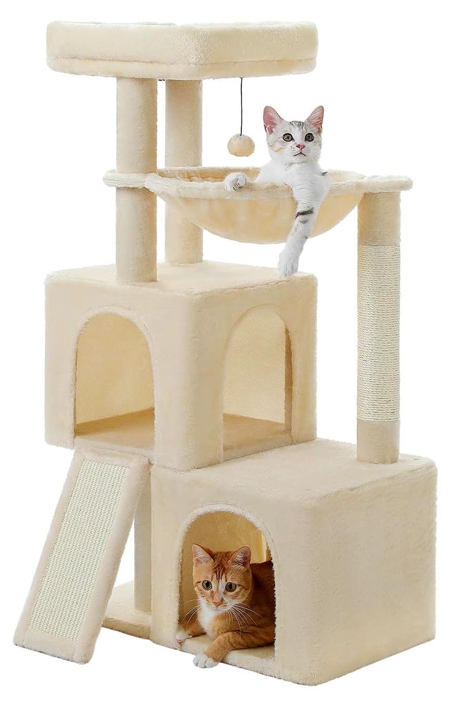 Kratzbaum 104 cm mit 2 geräumigen Höhlen für Wohnungskatzen, Katzenhaus mit bequemer Hängematte, gepolsterter Sitzstange, Kratzpad und abnehmba...
