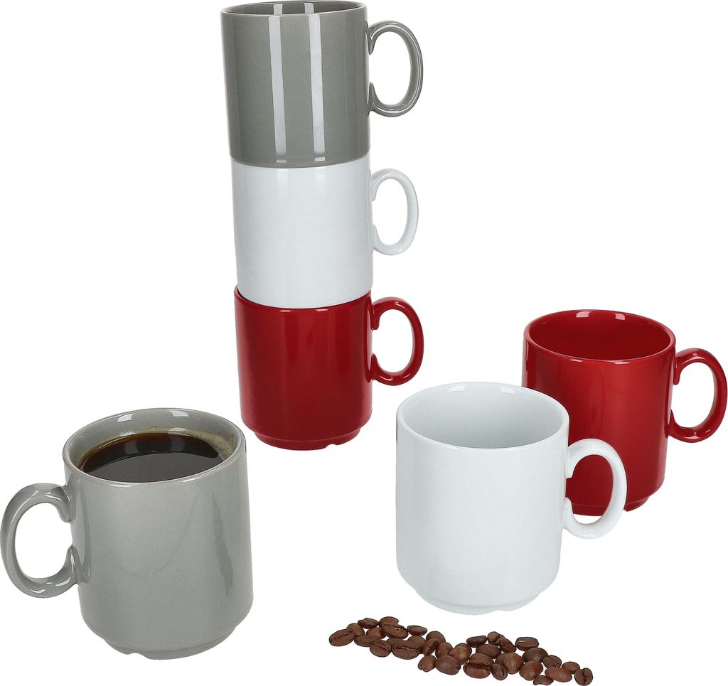 6er Set Event Trio Kaffeebecher 250ml Tassen Grau Rot Weiß stapelbar