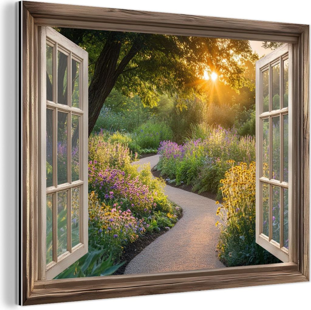 MuchoWow Wanddekoration Metall Metallbild Wandkunst 40x30 cm Aussicht - Blumen - Natur - Sonne - Weg MuchoWow Aluminium Gemälde - Dekoration Wohnz...
