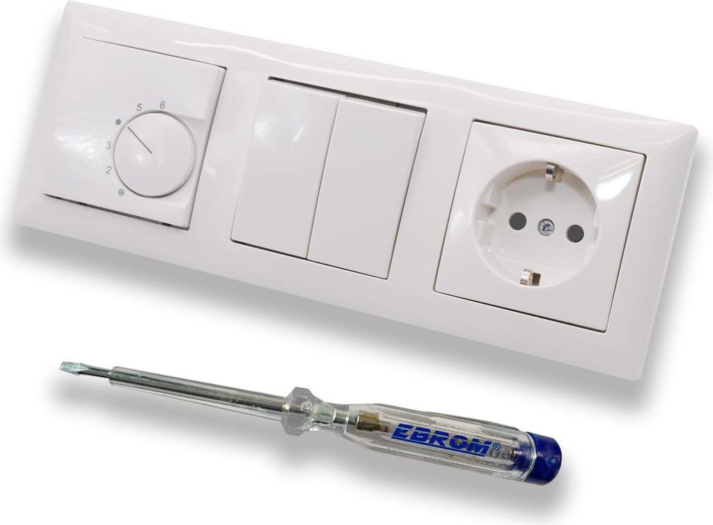 Halmburger UP Raumthermostat Raumtemperaturregler RTR-5510rg in Busch Jäger Balance SI alpinweiß + Serienschalter 2000/5 US + Steckdose mit Kinde...