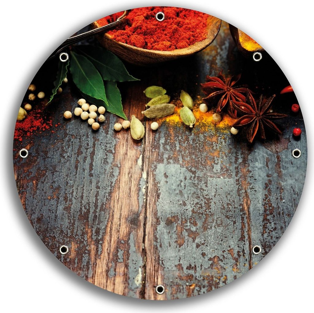 Wallario rundes Outdoor-Poster für Garten oder Balkon, Motiv Gewürze auf Holz - uriger Holztisch in der Küche, 30 cm Durchmesser