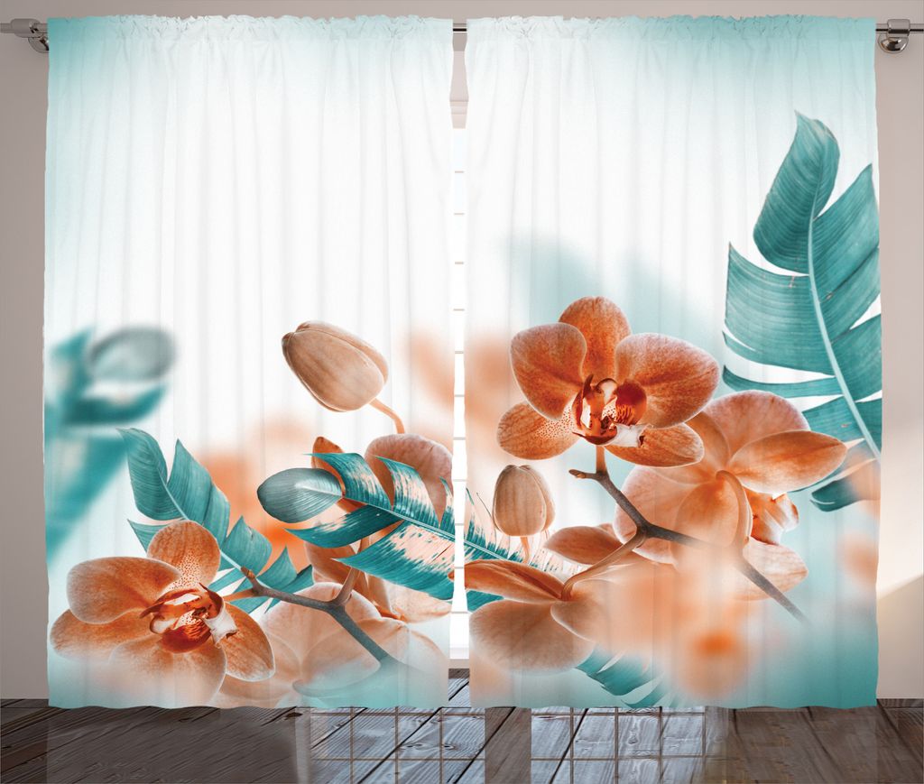 ABAKUHAUS Exotisch Rustikaler Gardine, Orchideen blüht mit Blumen, Schlafzimmer Kräuselband Vorhang mit Schlaufen und Haken, 280 x 225 cm, Orange...