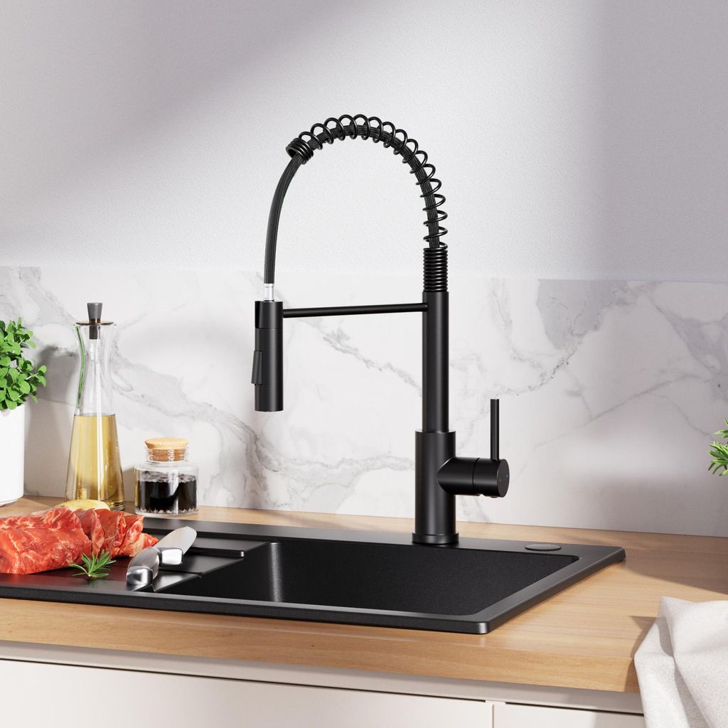 Küchenarmatur Edelstahl 304 Schwarz Standmodell mit Sprungfeder 360° drehbar 2 Wasser Modi (Spudelwasser/Brouswasser) 100% metallfreier Wasserpfa...