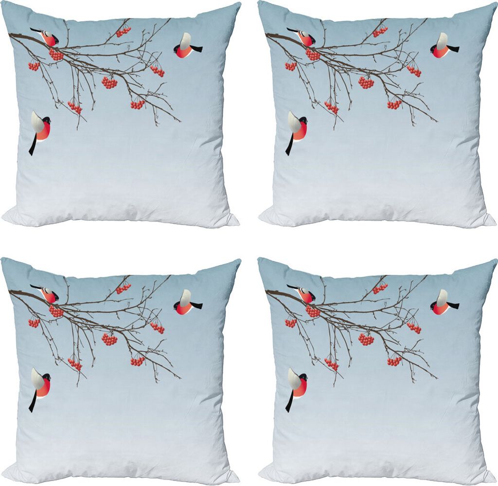 ABAKUHAUS Eberesche Kissenbezug Set (4 Stück), Dompfaff Vögel Zweige, Moderner Doppelseitiger Digitaldruck, 60 cm x 60 cm, Dunkelbraun Hellblau