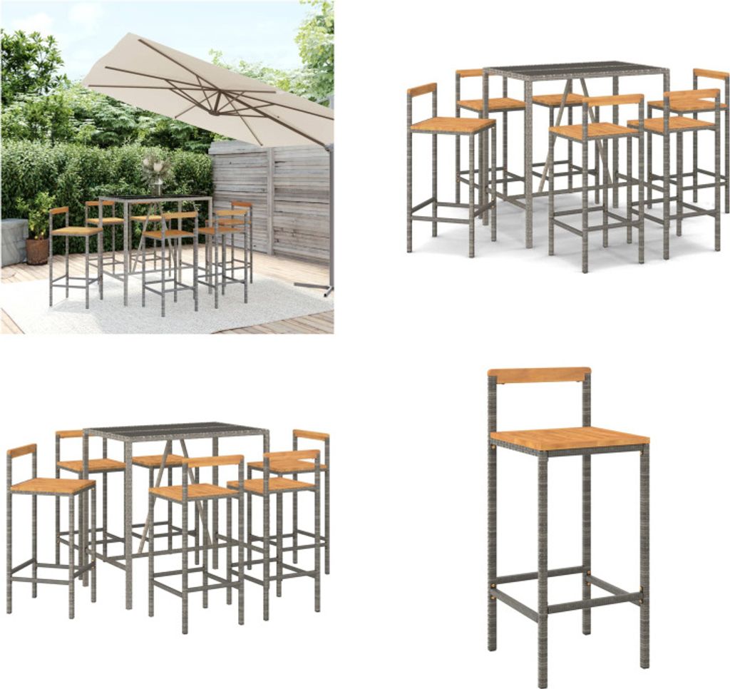 vidaXL 7 tlg. Gartenbar Set Grau Poly Rattan & Massivholz Akazie - Gartenbar Set - Gartenbar Sets - Garten Bar Set - Gartenbar